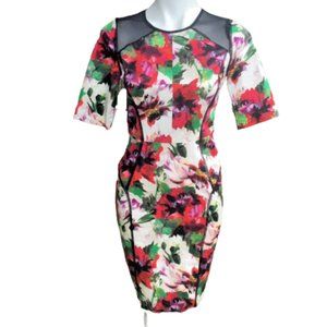 Milly Floral Mesh Panel Short Sleeve Bodycon Dress 4 Multi Cocktail